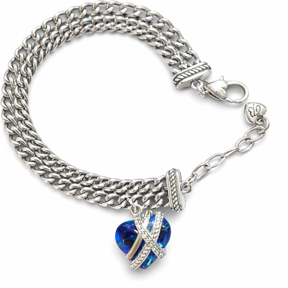 Brighton Silver Tone Triple Chain Bracelet Blue Green Heart Charm